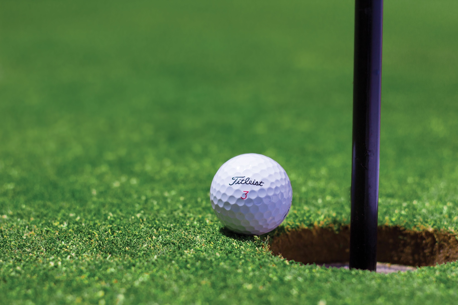 Golf ball resting beside the pin on a putting green