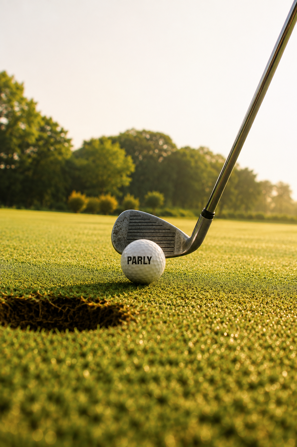 PARLY ball addressed by an iron on a dew-covered green