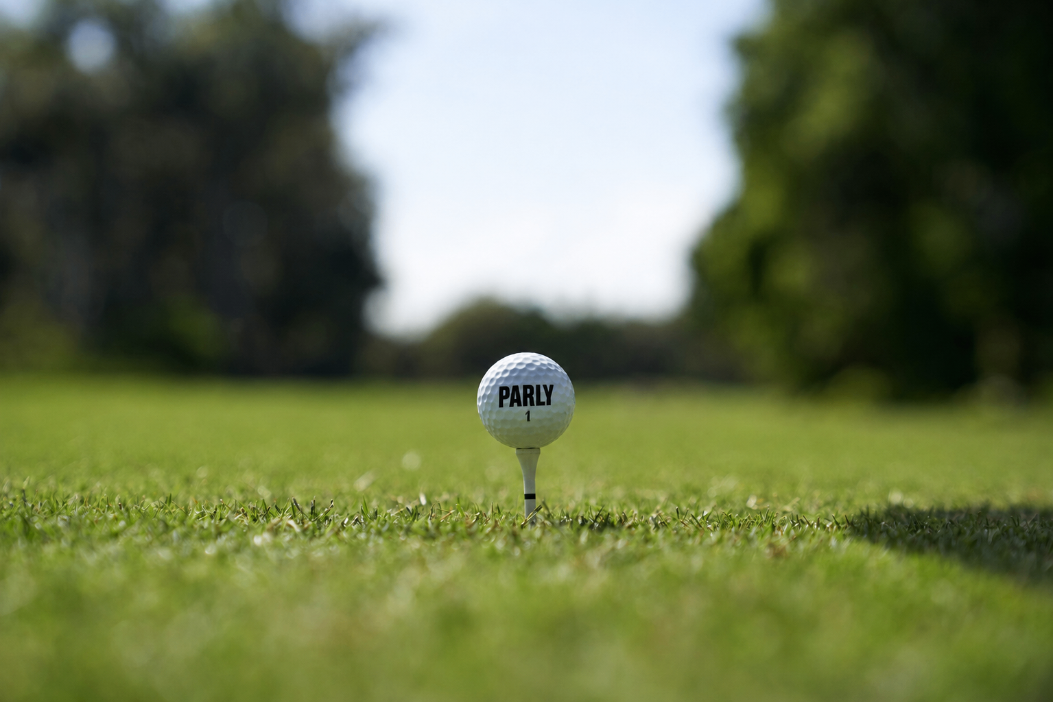 A PARLY ball teed up in the middle of a lush green fairway