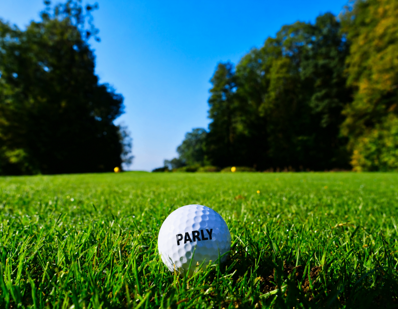 A PARLY golf ball sitting in sunlit fairway grass