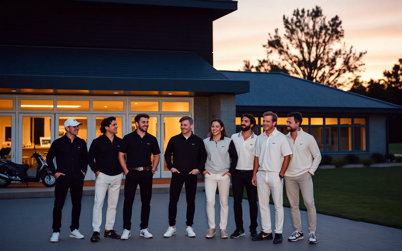 Golfers outside a modernist clubhouse at dusk